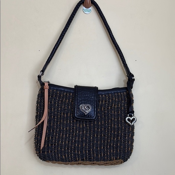 Brighton Handbags - Brighton | Black Brown Woven Leather Trim Zip Top Magnetic Flap Shoulder Bag